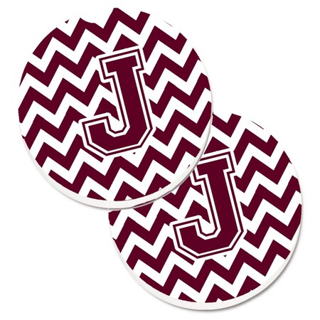 Carolines Treasures Letter J Chevron Maroon and White Set of 2 Cup Holder Car Coaster CJ1051-JCARC